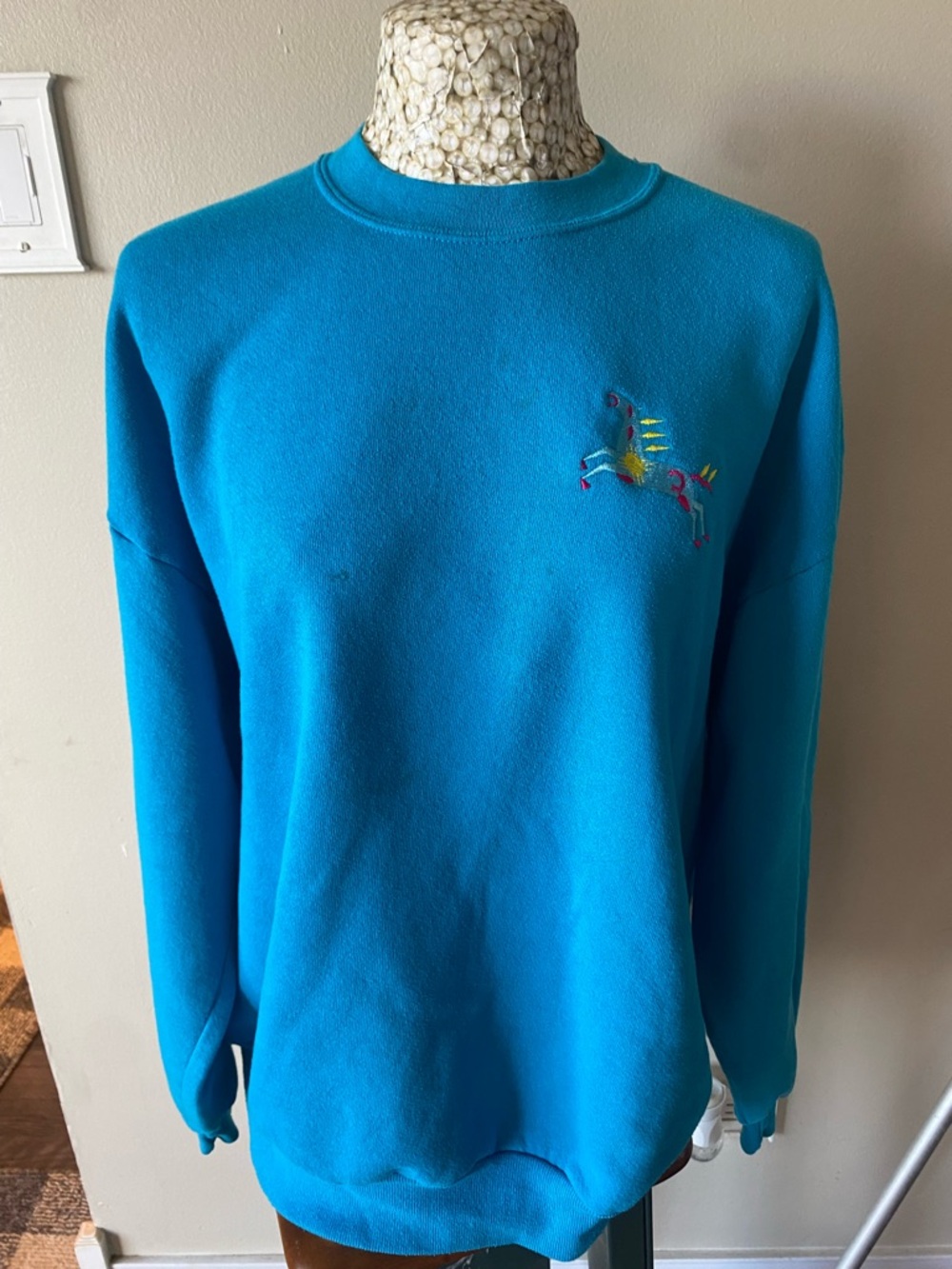 Vintage 90s Aztec Horse Bright Blue Men's Crewneck Sweatshirt